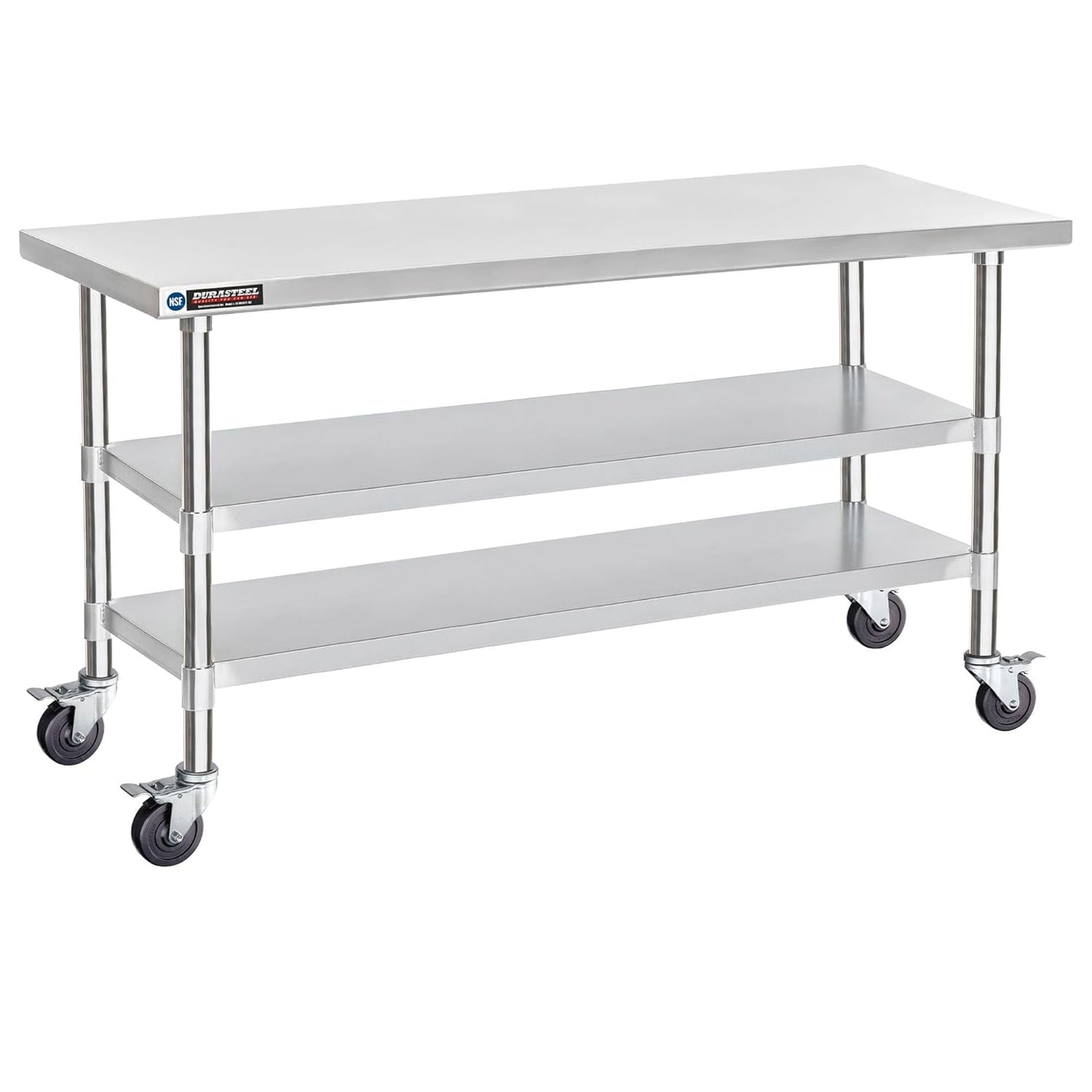 DuraSteel Stainless Steel Work Table 30" x 72" x 34" Height w/ 4 Caster Wheels - Food Prep Commercial Grade Worktable - NSF Certified - Good for Restaurant, Business, Warehouse, Home, Kitchen, Garage
