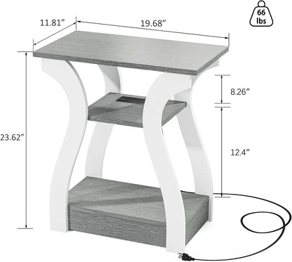 End Tables Living Room, Grey End Table with Charging Station, Grey Side Table, Nightstand for Bedroom, 3 Tier End Table with Storage Shelf for Living Room