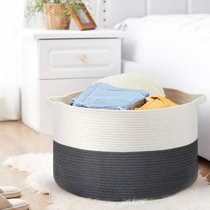 Ravinte Large Storage - 22"x 22"x 14" Blanket Basket for Living Room, Baby Toy Storage, Cotton Rope Woven Laundry (White-Gray)