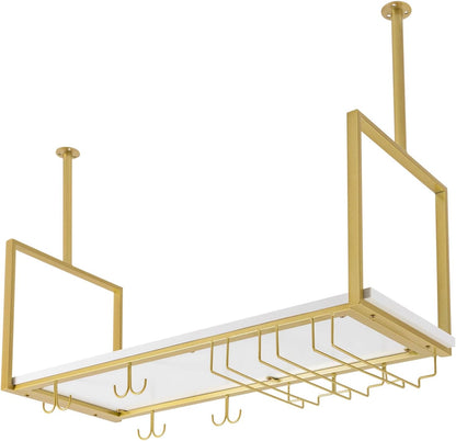 Hanging Wine Rack with Glass Holder Shelf Metal Ceiling Bar Wine Glass Rack Industrial Wall Mounted Floating Shelve Perfect for Bar Cafe Kitchen Restaurant