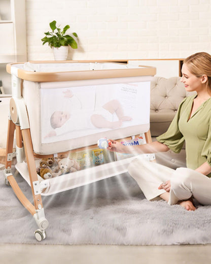 4 in 1 Baby Bassinet, Bassinets Bedside Sleeper with Wheels and Storage Basket, Adjustable 7 Heights Bedside Sleeper with Mosquito Net, Breathable Mesh Rocking Bassinet for Baby