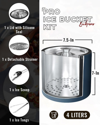 4L Ice Bucket with Silicone Lid, Scoop, Tongs & Strainer, Stainless Steel Double Wall Insulated Ice Buckets for Parties & Cocktail Bar, Outdoor Champagne Ice Container Bin, Navy