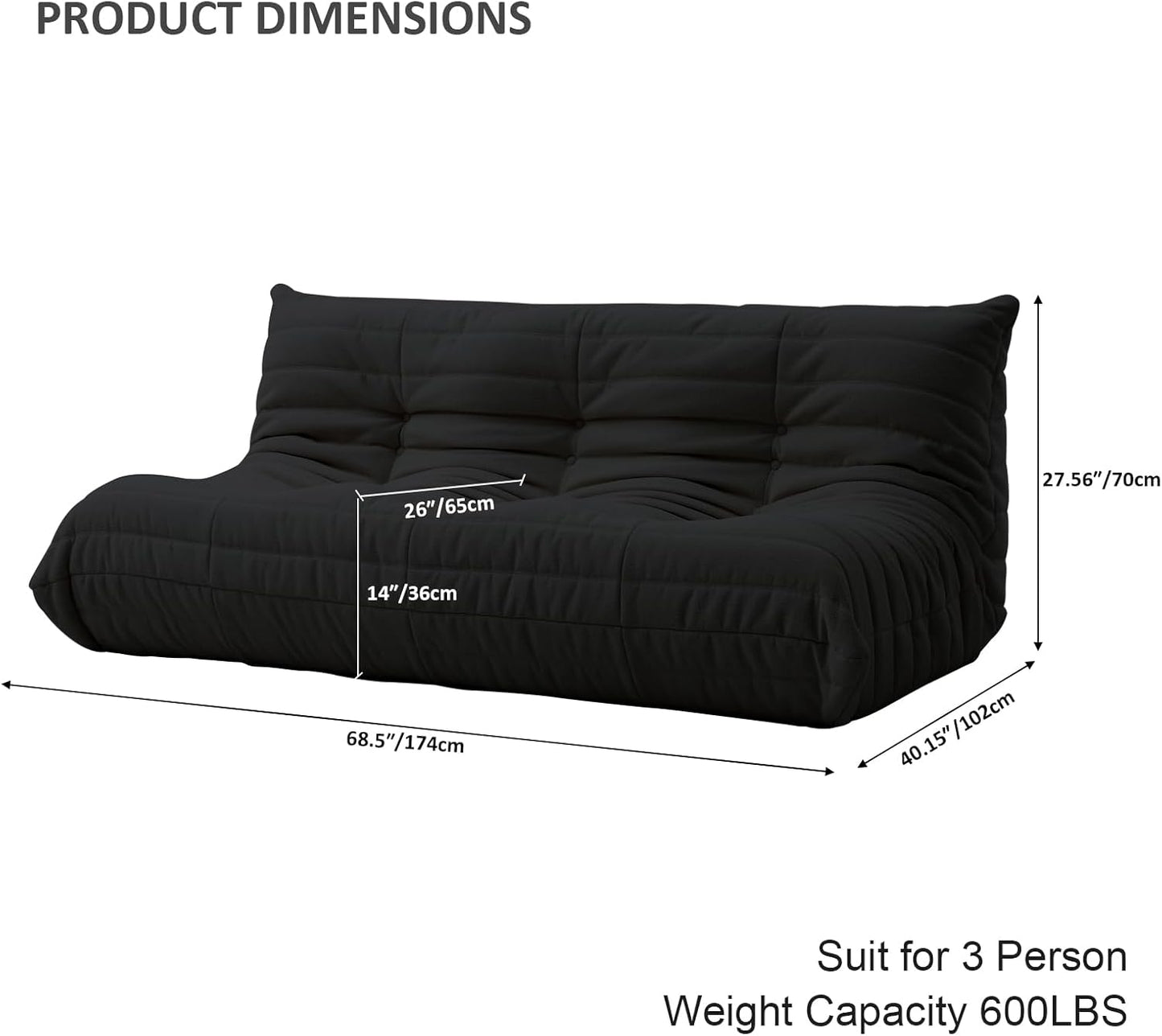 Luxury Sofa Couch Chair, Lazy Floor Seating, Fireside Bean Bag Chair, Ergonomic Tatami Sofa Lounger for Living Room, Bedroom, Office, 3 Seat, Black
