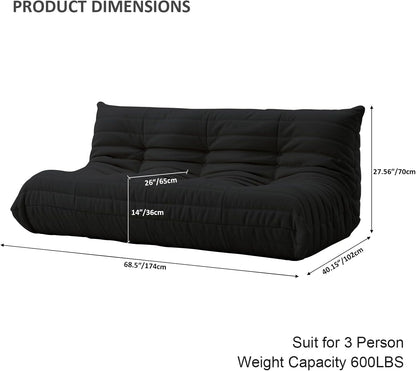 Luxury Sofa Couch Chair, Lazy Floor Seating, Fireside Bean Bag Chair, Ergonomic Tatami Sofa Lounger for Living Room, Bedroom, Office, 3 Seat, Black