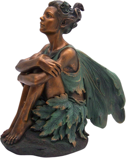 Copper Toned Fairy Holding Knees with Blue Accents Garden Statue, Whimsical Outdoor Decor, 13 Inches