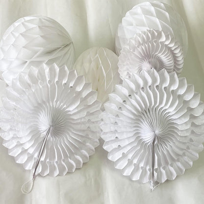 12pcs White Honeycomb Balls Tissue Paper Fans Party Honeycomb Ball Fans wall Decorations Tissue Pom Poms Flower Balls Hanging Paper Fans For Party Baby Shower Birthday Wedding Nursery Decor(white kit)
