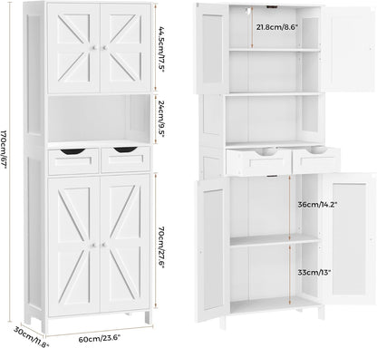 ANWBROAD 67” Bathroom Storage Cabinet Tall Storage Cabinet with Adjustable Shelves and Drawers Freestanding for Bathroom Kitchen Pantry Living Room Cabinet USBC002W