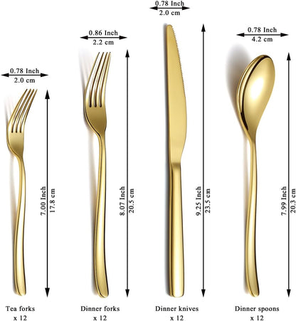 Berglander Gold Silverware Set 48pcs Service for 12, Golden Titanium Plating Stainless Steel Flatware Set, Gold Spoons Forks Knives Set for Home, Wedding, Restaurant, Hotel, Dishwasher Safe