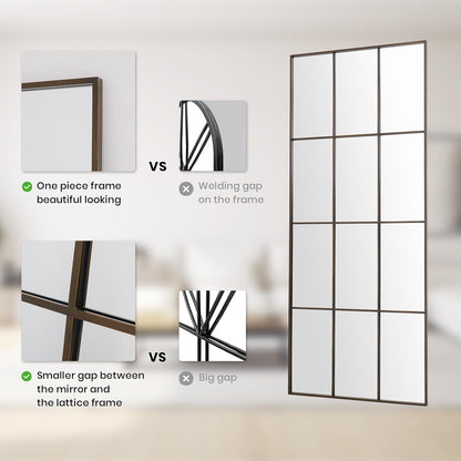 Windowpane Mirror Full Length 65"x24" Wall Mounted Bronze Art Pane Mirror Farmhouse Decorative Floor Mirror Leaning Hanging Wall Mirror for Bedroom Living Room Entrance