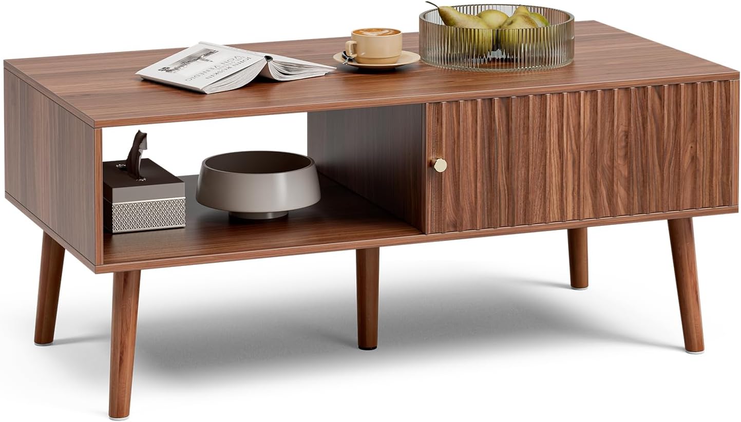 Coffee Table with Storage, Mid Century Dining Table with Sliding Fluted Door and Solid Wood Legs, Small Coffee Tables for Living Room, Walnut