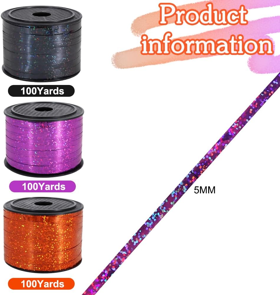 BEISHIDA 3 Pack 100 Yards Black Purlple Orange Curling Ribbon Balloon String Gift Wrapping Ribbon for Halloween & Birthday Parties, DIY Craft Holiday Decorations