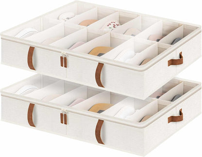 StorageWorks Shoe Organizer Under Bed for Closet, 2-Pack Ultra-thick Fabric Shoe Storage Containers with Bottom Support and Adjustable Dividers, Fits up to 24 Pairs, Beige