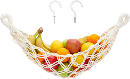 Okuna Outpost Macrame Hanging Fruit Basket Hammock for Kitchen - 6 x 25 x 15 in - White Cotton Modern - Under-Cabinet Storage with 2 Hooks for Bananas