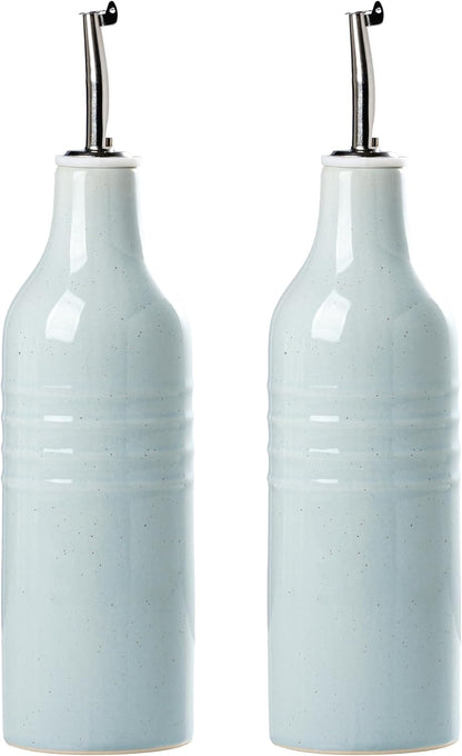 famiware Jupiter 16oz Ceramic Olive Oil Dispenser Bottle, Olive Oil and Vinegar Dispenser Bottle Set of 2 with Stainless Steel Pourers, Suitable for Storage Vinegar, Liquids, Light Blue