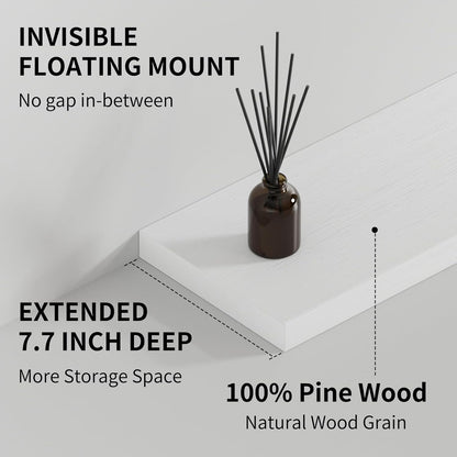 SAUMONIERES Floating Shelves 8 Inch Deep Solid Wood Wide Wall Shelf Set of 2 Wall Mounted for Bedroom Bathroom Living Room Kitchen, 36 Inch White