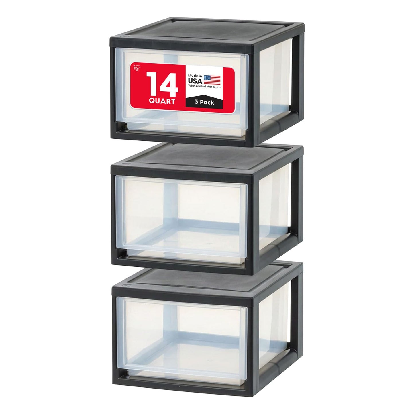 IRIS USA 3-Pack, 14.5 Qt. Stacking Drawer Storage Organizer, Black