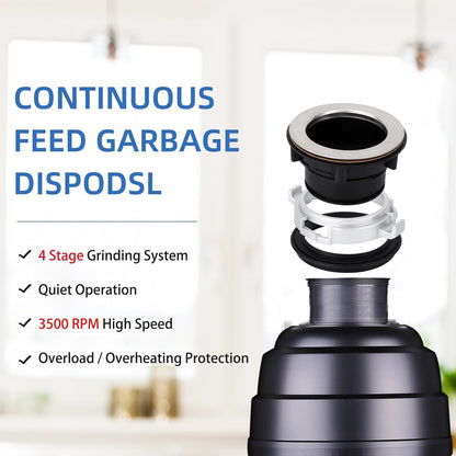 Powerful 1HP Stainless Steel Garbage Disposer, Dishwasher-Friendly and Continuous Feeding Waste Disposer, Grinding Material Four-Stage Grinding, Black