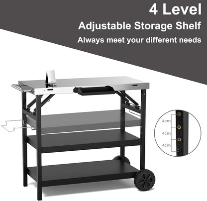 ERGOMASTER Grill Table Cart, Outdoor Kitchen Island with 4-Position Adjustable Shelf, Stainless Steel Serving Cart for Patio Garden