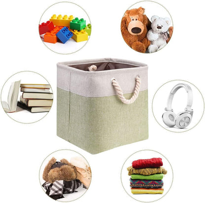i BKGOO 3Pack Large Foldable Storage Bins，Collapsible Sturdy Cationic Fabric Organizing Storage Basket Cube with Cotton Handles for Home Office Shelf Clothes Toys Beige-Green 13×13×13 inch