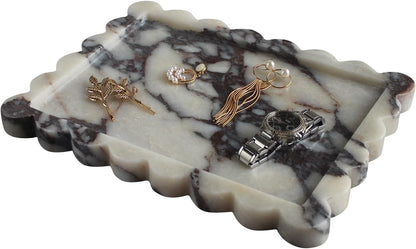 Natural Luxury Scalloped Marble Tray 10.8"x8", Rectangle Vanity Tray for Bathroom Kitchen Counter, Decorative Tray for Dresser Home Decor (calacutta Purple)