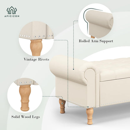 Apicizon 51”Storage Ottoman Bench, Soft Faux Leather Indoor Bench with Rolled Arm and Vintage Rivets, Large Storage Chest for Bedroom, Living Room, Entryway，Beige+Natural Legs