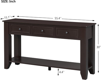 Farmhouse Modern Console Table 55.4-Inch Entryway Sofa Table with Drawers & Storage Shelf for Living Room Hallway Entrance, Dark Coffee