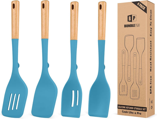 Pack of 4 Silicone Kitchen Utensils Set, Non Stick Solid Spatulas and Heat Resistant Slotted Spoons