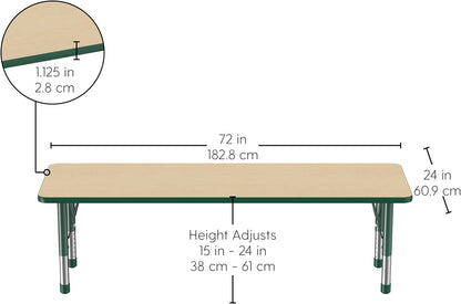 Factory Direct Partners FDP Rectangle Activity School and Classroom Kids Table (24 x 72 inch), Chunky Toddler Legs, Adjustable Table Height 15-24 inches - Maple Top and Green Edge