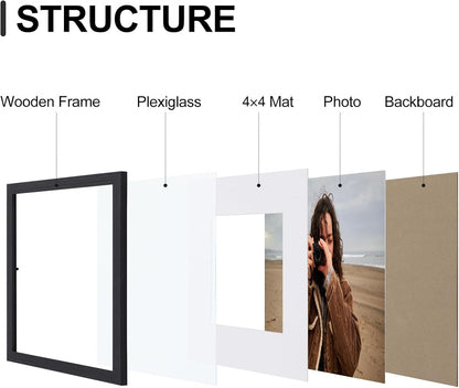 Vittanly 8x8 Picture Frames Set of 9, Shatter Resistant Plexiglass, Display 4x4 Pictures with Mat or 8x8 without Mat, Photo Frames for Wall Mount, Engineered Wood, Black