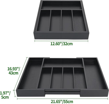 VaeFae Premium Bamboo Drawer Organizer, Expandable Silverware Drawer Organizer, Cutlery Tray with Dividers for Kitchen Utensils (Black, Large)