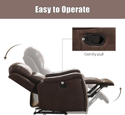 Brown Recliner Chair, Single Overstuffed Sofa Recliners, Breathable Faux Leather Manual Reclining Chairs with Hidden Cup Holder, Arm and Back for Adults, Living Room, Bedroom, Dark Brown