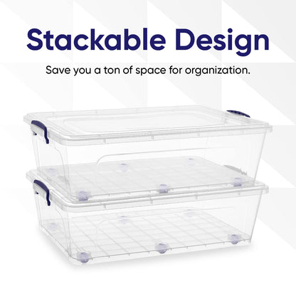 Superio Under Bed Storage Containers with Wheels (2 Pack), Flat Clear Storage Bin Stackable Large