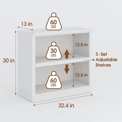 30" Bookcase, White Floor Standing Bookshelf, 2-Tier Display Shelves Open Storage Organizer, Book Case for Living Room Hallway Kitchen Home Office Bedroom, White 2 Tiers