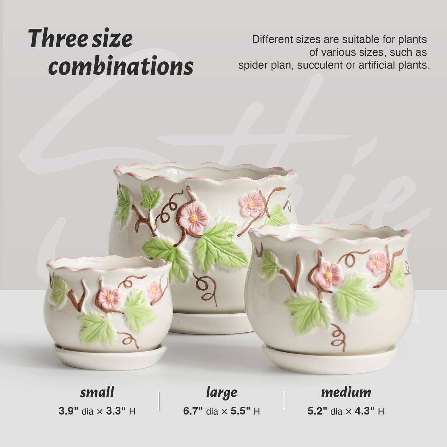 Ceramic Plant Pots with Drainage Holes and Saucers, Round Flower Pots for Indoor Plant, 3.9/5.2/6.7 Inches Small Flower Planters Set of 3