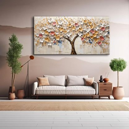 LASMOND 2D Flat White Spring Large Tree of Life Wall Art Office Decor Living Room Modern Painting Prints Pictures Abstract Floral Flower Nature Canvas Large Landscape Artwork (28x58 Inches)