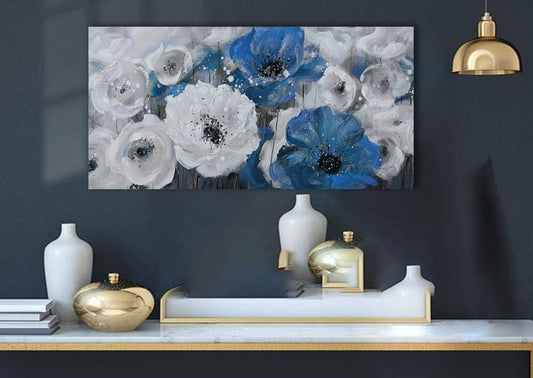 Mofutinpo Large Flower Painting Wall Art, 24x48, Modern Home Decor, Living Room Wall Decorations, White Blue Flower Prints Artwork, Waterproof UV Resistant Canvas, Wall Art for Bedroom
