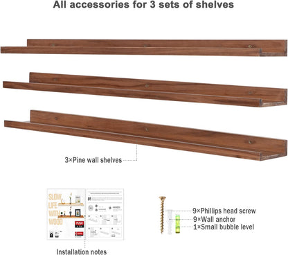 AZSKY 48 Inch Long Floating Shelves Wall Mounted Light Walnut Narrow Photo Picture Ledge Shelves Set of 3 Nursery Book Shelves Photo Frames Display Shelves Kitchen Spice Rack