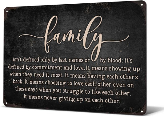 Heuhuww Family Isn't Defined Only By Last Names or By Blood Tin Sign for Home Office Room Wall Decor Gifts for Sister Best Friend Adopted Family 8"x12"(H23)