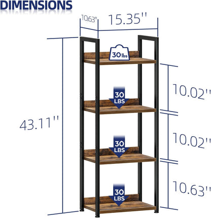 NUMENN Narrow Bookshelf, 4 Tier Bookshelves, Home Office Bookcase Shelf Storage Organizer, Free Standing Storage Shelving Unit for Bedroom, Living Room and Home Office, Vintage