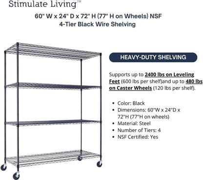 60"x24"x72" PRIME HEAVY DUTY Black 4-Tier Wire Shelving NSF 2400 LBS MAX Capacity Storage Rack for Commercial, School, Home, Garage, Warehouse, Industrial, and Hospital Uses (with Wheels)
