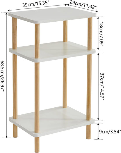 IBUYKE 3-Tier Side Table, Solid Wood Tall End Table with Storage Shelves, Nightstand Bedside Table for Living Room Bedroom Office, No-Tool Assembly, White UWST003W