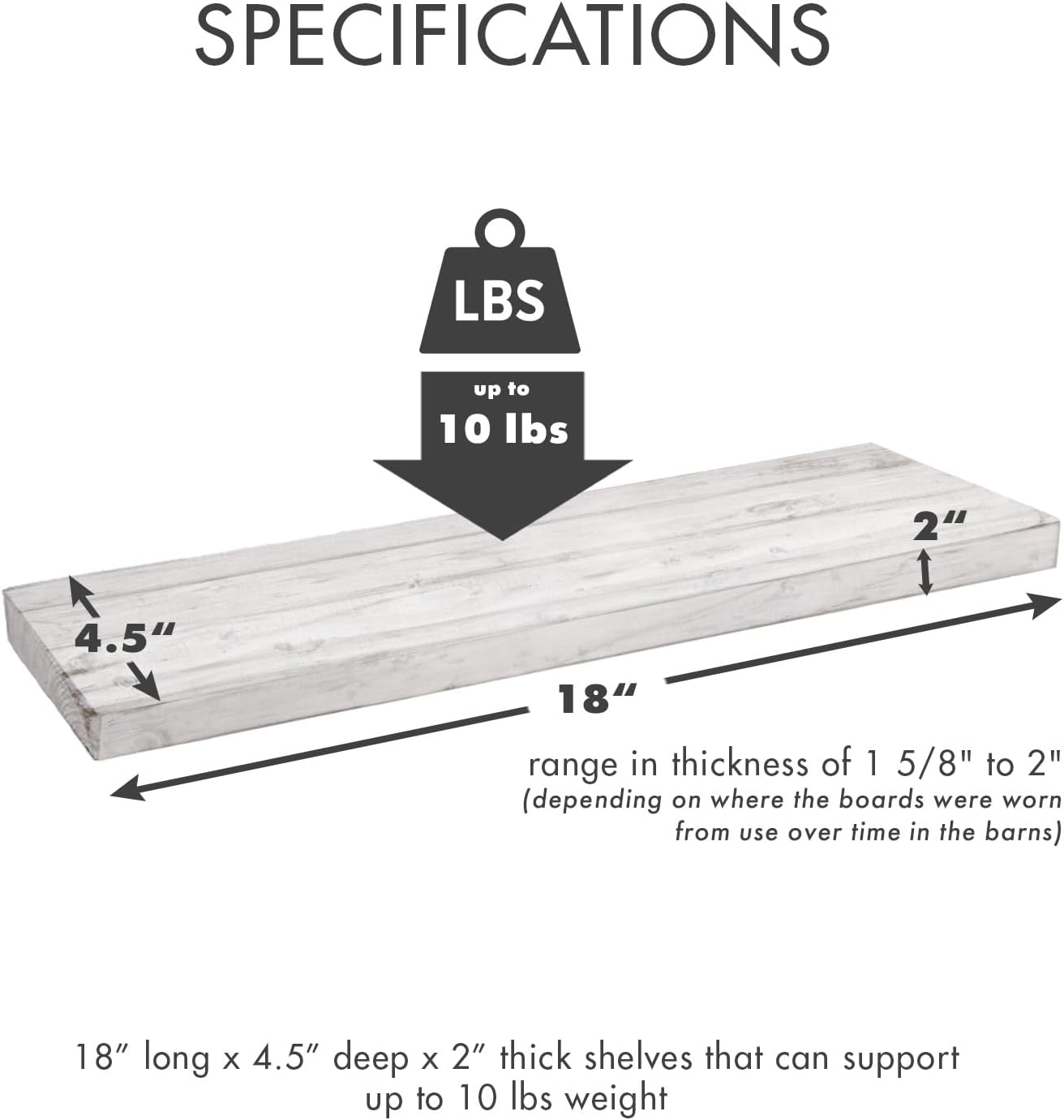 Urban Legacy Reclaimed Barnwood Planks | Floating Shelves for Wall w/Flush Mount Shelf Bracket Set Included | Set of 2 (White Wash, 18"x 4.5"x 2")