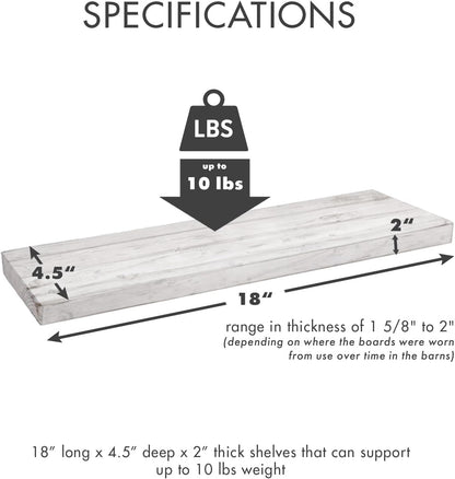 Urban Legacy Reclaimed Barnwood Planks | Floating Shelves for Wall w/Flush Mount Shelf Bracket Set Included | Set of 2 (White Wash, 18"x 4.5"x 2")