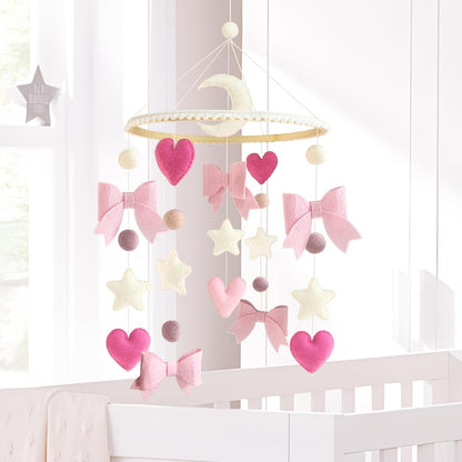 Baby Mobile for Crib Pink Bow Baby Crib Mobile for Girls Handmade Coquette Bow Nursery Decor for Infant Bedroom Hanging Pink Girls Room Decor for Bassinet Gender Reveal Newborn Gifts