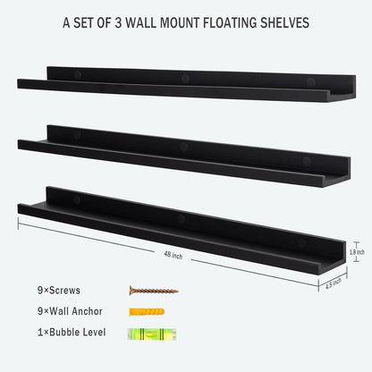 Long Floating Folding Shelves 48 Inch Wood Picture Ledge Shelf with Lip for Wall Black Storage Shelves for Kids Room Photo Shelves Wall Organizer Set of 3 for Bedroom Living Room Bathroom Kitchen