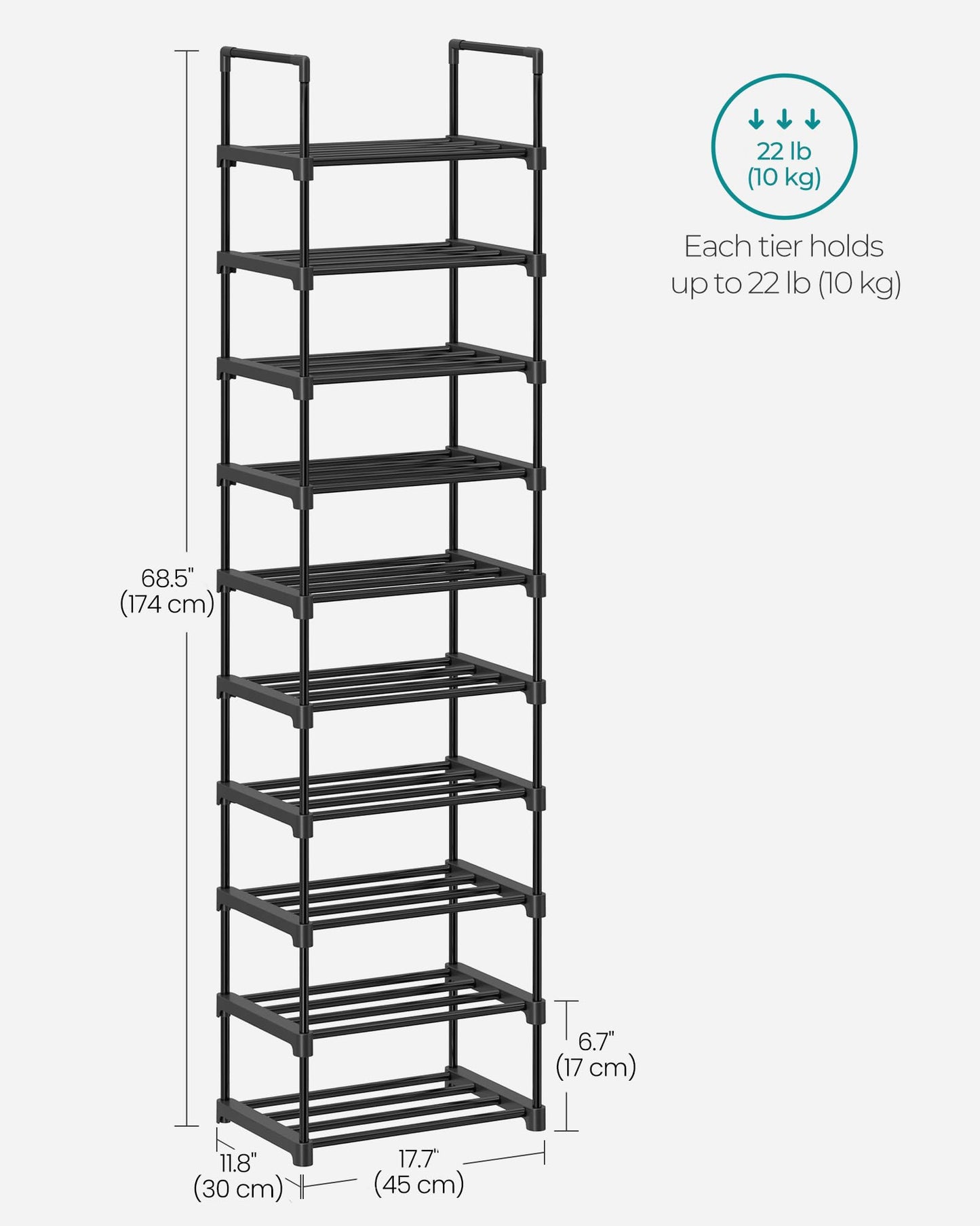 SONGMICS Shoe Rack, 10-Tier Shoe Organizer, Metal Storage Shelf, Upright or Upside Down, for 11-22