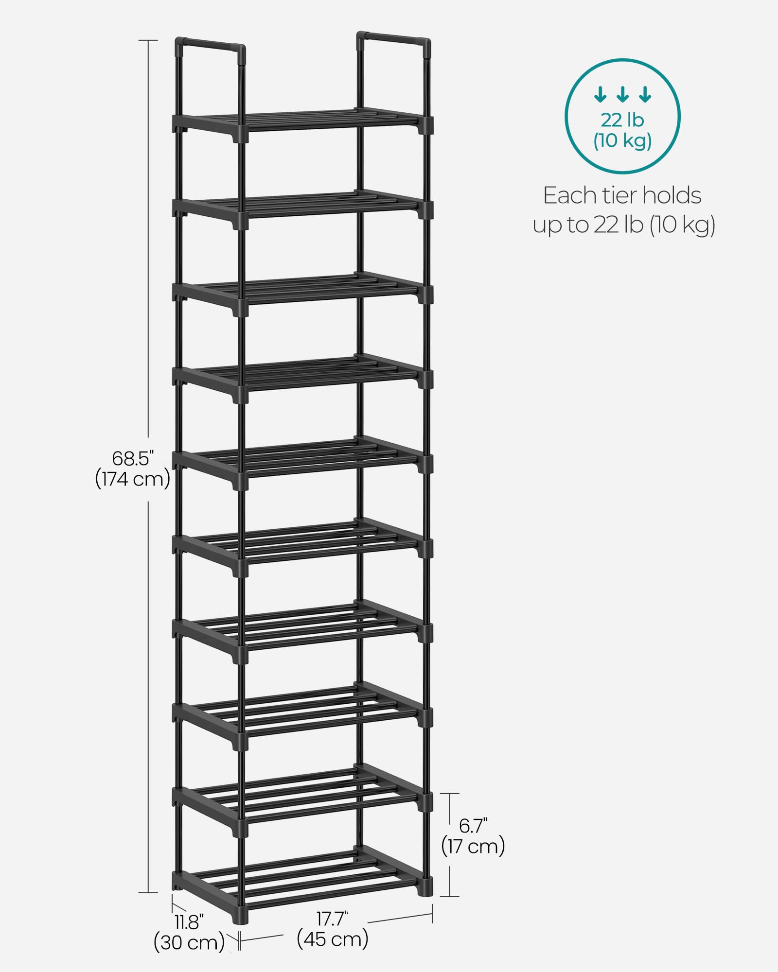 SONGMICS Shoe Rack, 10-Tier Shoe Organizer, Metal Storage Shelf, Upright or Upside Down, for 11-22