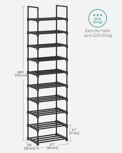 SONGMICS Shoe Rack, 10-Tier Shoe Organizer, Metal Storage Shelf, Upright or Upside Down, for 11-22