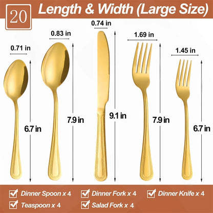 20 Pcs Gold Silverware Set for 4 with Pearled Edge Handle design, Food Grade Stainless Steel Flatware Set, Eating Utensils Sets Include Fork/Knife/Spoon, Reusable Cutlery Set, Dishwasher Safe