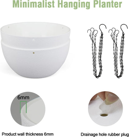 8 inch Small Hanging Planters for Indoor Outdoor Plants, 2 Pack Hanging Flower Pots with Drainage Holes and Chain for Garden Porch Plants, Plastic Hanging Baskets for House Plants, White